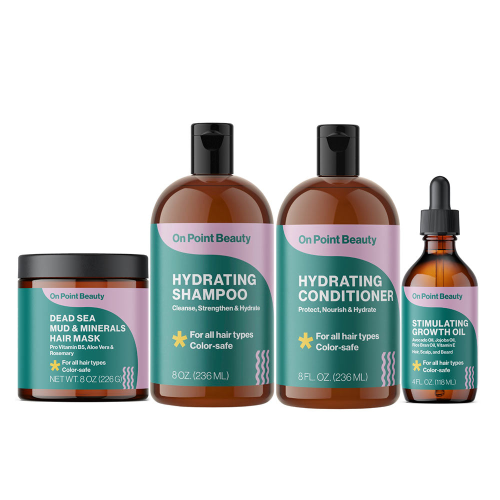 Foundational Hair and Scalp Care with four products that will take you back to focusing on your roots. Stimulate hair growth with vitamins, essential oils, and proteins. Kit includes Dead Sea Mud Mask, Hydrating Shampoo, Hydrating Conditioner, Stimulating Growth Oil. Women and minority owned and certified. 