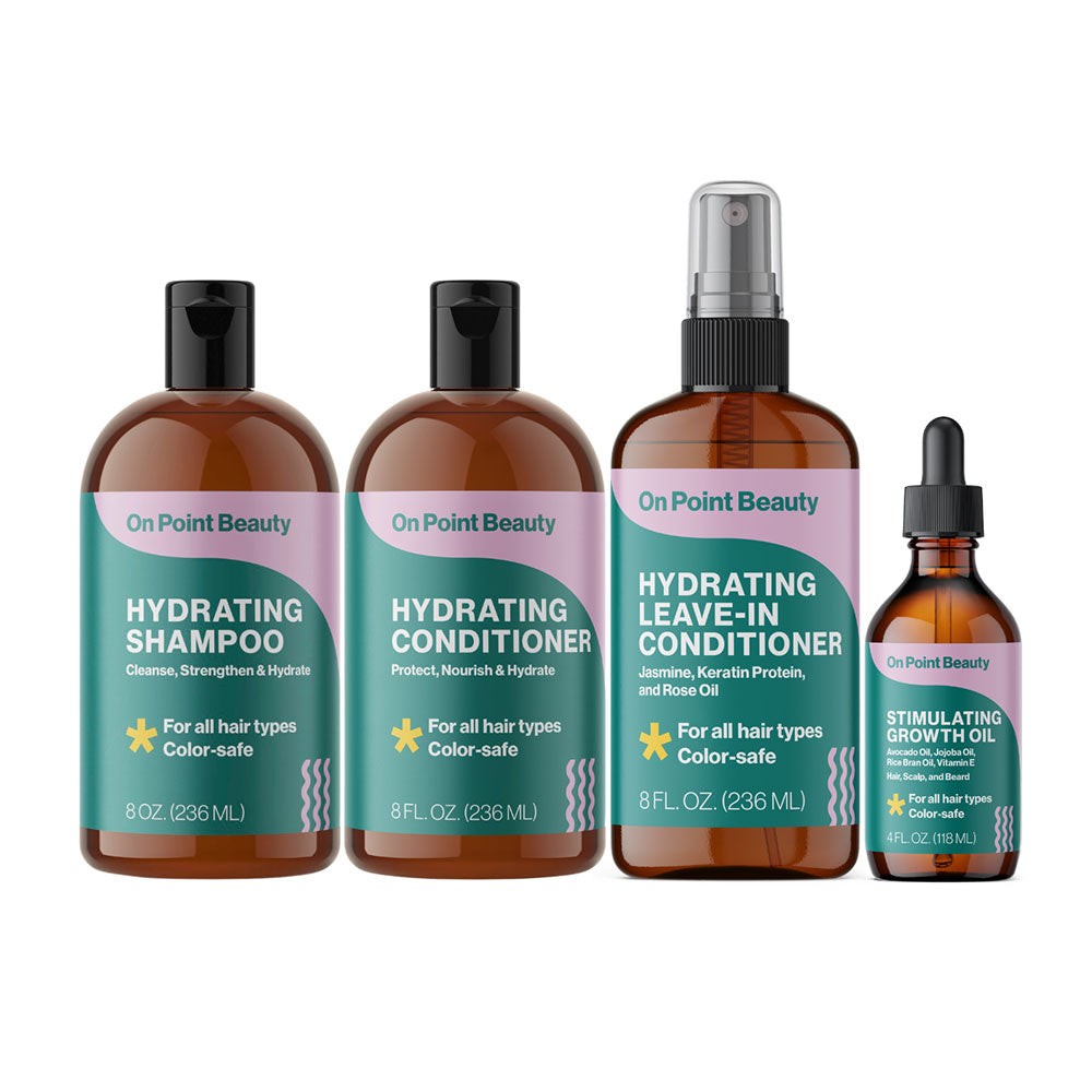 Growth and Glow Kit that contains four foundational hair and scalp care products. Hydrating Shampoo, Hydrating Conditioner, Leave-In Hydrating Conditioner, and Stimulating Growth Oil. Crafted with vitamins, essential oils, and proteins. Clean ingredients to promote healthy hair and scalp. Foundational hair care, Women and Minority Owned and Certified. 