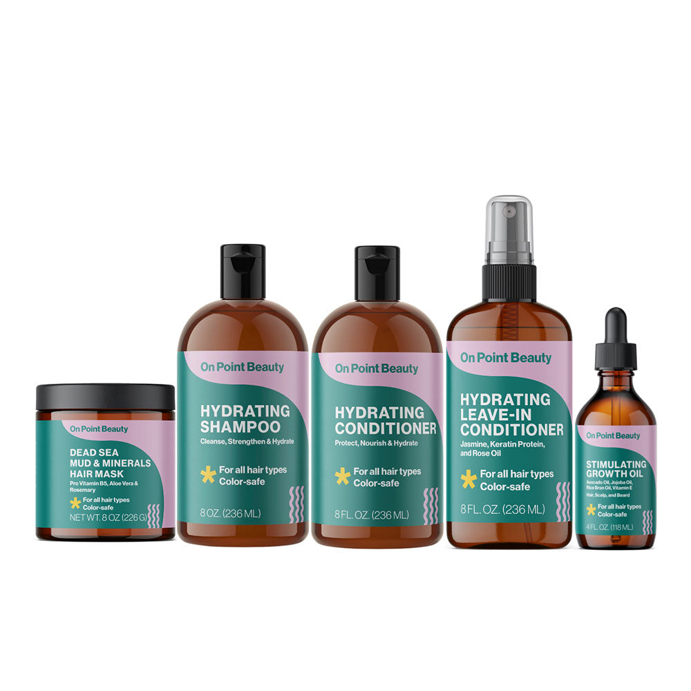 Nourish and Glow Complete Foundational Hair and Scalp Care Kit. Get the entire system of clean ingredient products to promote healthy hair and scalp. This kit includes Hair Mask, Hydrating Shampoo, Hydrating Conditioner, Leave-In Hydrating Conditioner, Stimulating Growth Oil. Foundational hair care, Women and Minority Owned and Certified.